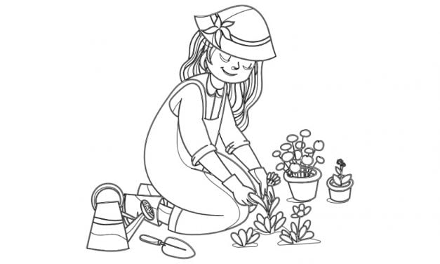 Online coloring book: Coloring book girl working in the garden in summer